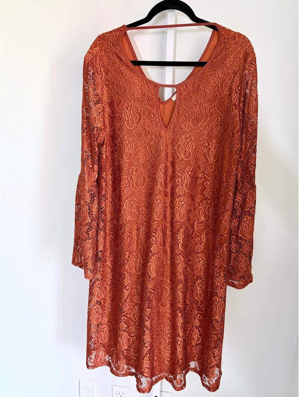 HAANI Women 2X Lace Dress with Bell Sleeves Rust Orange
